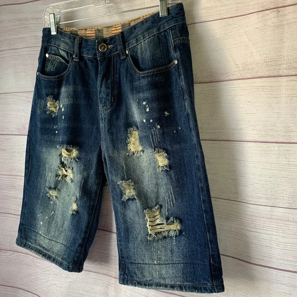Qimu Fashion Mens Distressed Denim Jean Shorts Paint Splatter Size 30